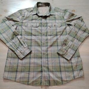 Swiss Tech Mens M Green Brown Blue Plaid Long Sleeve Pockets Performance Button